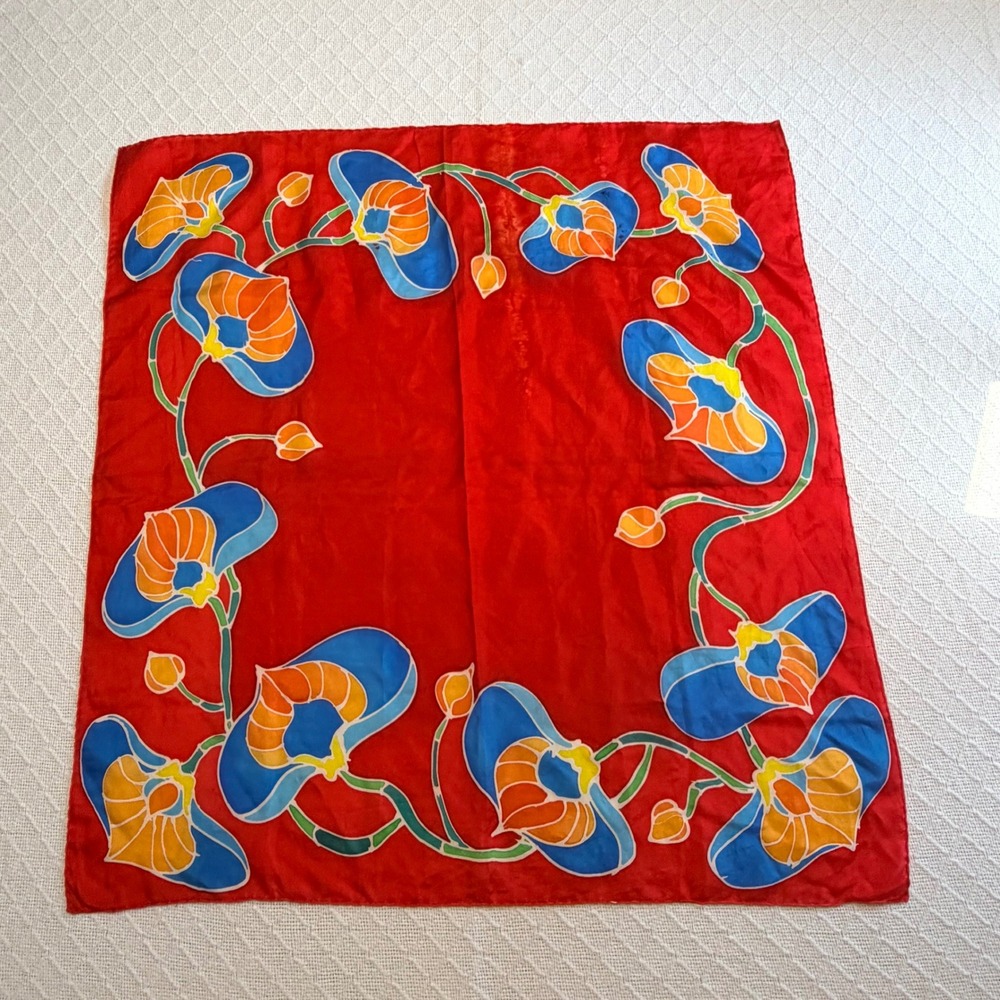 Vintage Hand Painted Silk Floral Orchid Square Scarf Red Blue Orange 34x34